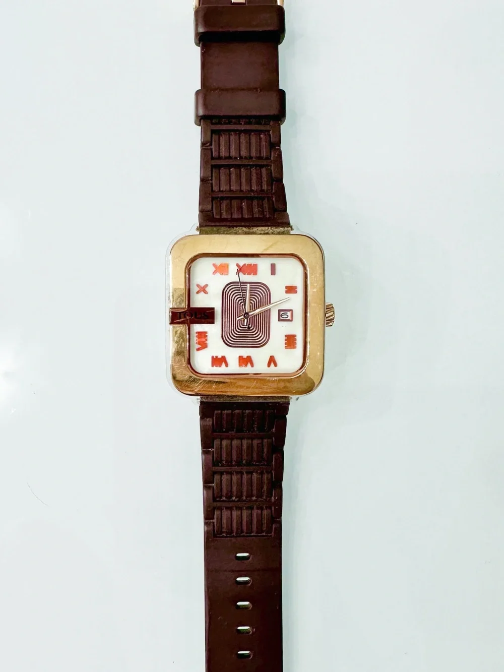 TOUS Rose Gold-Tone Square Watch with Brown Strap and Pink Box